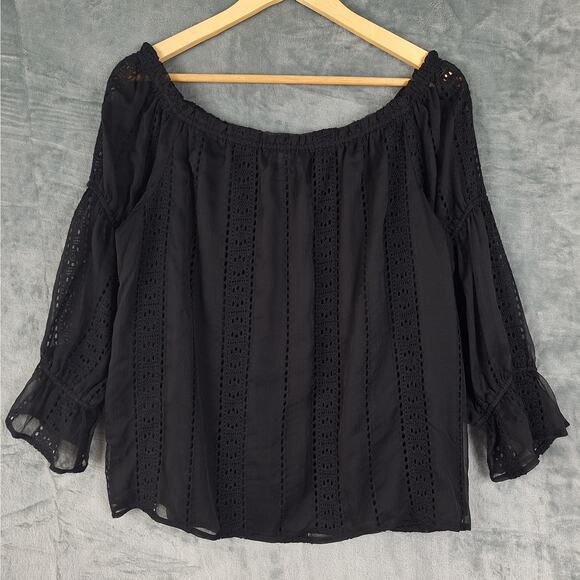 Womens Top XL Black Boho Crochet Lace Feminine Hippie Peasant Fairy Grunge Goth - Picture 8 of 8